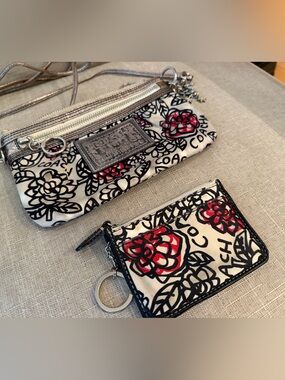 Coach Cream, Black & Red Floral Wristlet Set